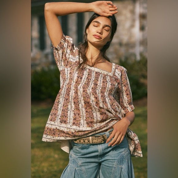 Free People Vintage Lover Cotton Top in Adobe Rose Combo - Size M - Picture 2 of 7